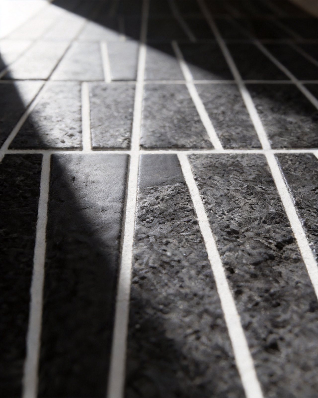 REFIRE black volcanic stone tiles in linear stack pattern under raking light
